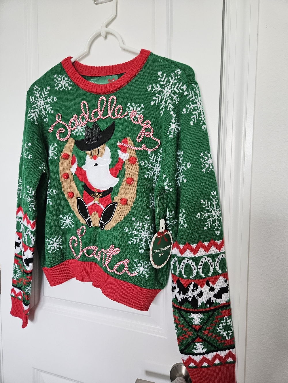NWT Planet Heart Green 'Saddle Up Santa' Holiday Sweater Size M